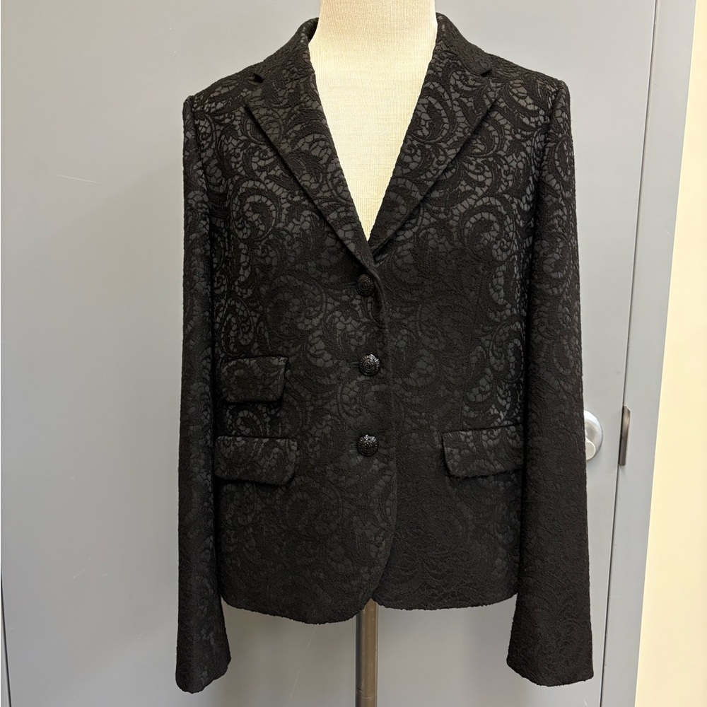 Brooks Brothers Size 6 Black Lace Overlay Blazer Textured Tailored Jacket